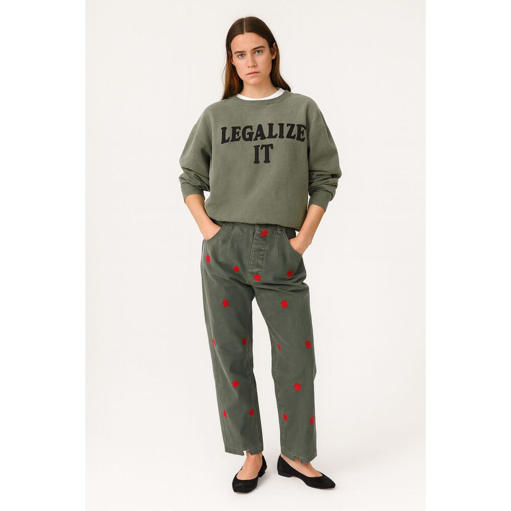 Iggy Green Embroidered Red Rose Button Up Barrel Pants Trousers  Women's Size 28
